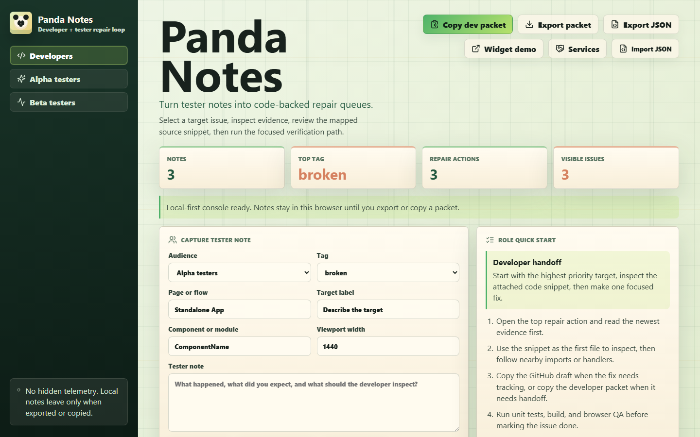 Panda Notes console showing tester notes, target issue queue, and developer handoff panels